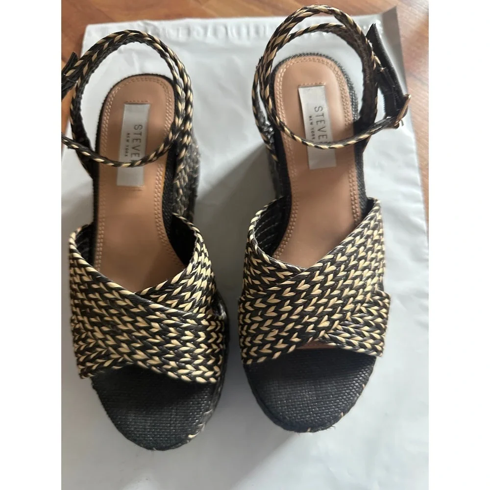 Steven New York Woven Espadrille Wedge Sandals Black Tan Ankle Strap Platform